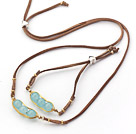 Light Blue Series Wire Wrapped Blue Jade Pea Pendant Set with Brown Leather( Necklace and Matched Bracelet )