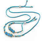 Wholesale Blue Series Wire Wrapped Blue Jade Pea Pendant Set with Blue Leather( Necklace and Matched Bracelet )