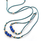 Dark Blue Series Wire Wrapped Dark Blue Agate Pea Pendant Set with Blue Leather( Necklace and Matched Bracelet )