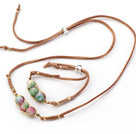 Wire Wrapped Watermelon Jasper Pea Pendant Set with Brown Leather ( Necklace and Matched Bracelet)