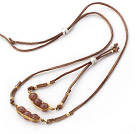 Pink Series Wire Wrapped Strawberry Quartz Pea Pendant Set with Brown Leather ( Necklace and Matched Bracelet)