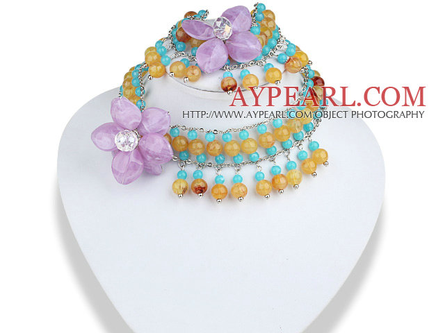 Blue and Yellow Acrylic and Purple Acrylic Flower Set ( Neckalce and Matched Bracelet )