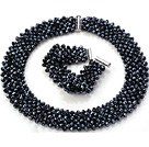 Popular Multi Strands Handmade Black Crystal Sets (Netted Necklace With Matched Bracelet)