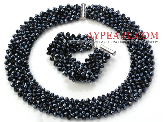 Popular Multi Strands Handmade Black Crystal Sets (Netted Necklace With Matched Bracelet)