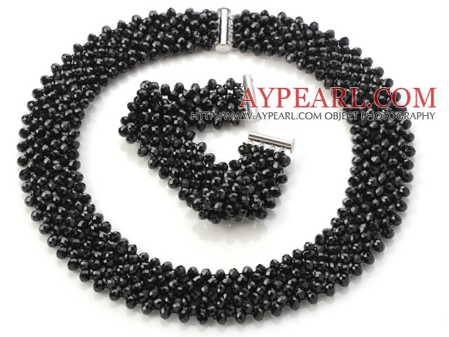 Popular Multi Strands Handmade Black Crystal Sets (Netted Necklace With Matched Bracelet)