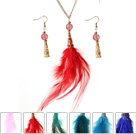 6 Sets New Fashion Style Multi Color Feather Pendant Necklace with Matched Earrings