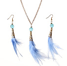 New Fashion Style Blue Feather Pendant Necklace with Matched Earrings
