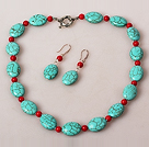 Oval Shape Turquoise and Coral Jewelry Sets ( Necklace and Matched Earrings )