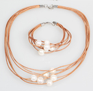 10-11mm White Round Freshwater Pearl and Brown Leather Necklace Bracelet Set