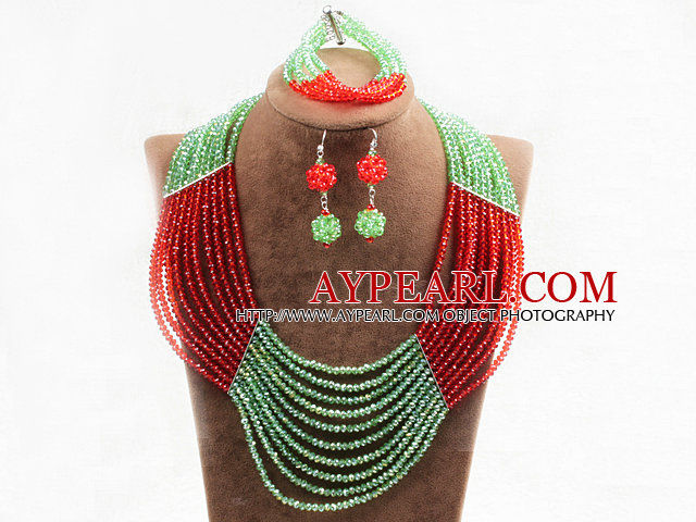 Charming 10 Layers Bright Red Green Crystal Beads Costume African Wedding Jewelry Set (Necklace With Mathced Bracelet And Earrings)