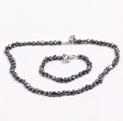 Fashion 6-7mm Natural Black Freshwater Pearl Heart Pendant Jewelry Set(Necklace With Matched Bracelet)