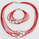 10-11mm Gray Freshwater Pearl and Red Leather Necklace Bracelet Set