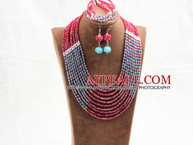 Amazing Statement 10 Layers Red Blue Jade-Like Crystal African Wedding Jewelry Set (Necklace With Mathced Bracelet And Earrings)