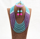 Wholesale Amazing Statement 10 Layers Rose Red Blue Jade-Like Crystal African Wedding Jewelry Set (Necklace With Mathced Bracelet And Earrings)