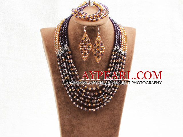 Splendid 6 Layers Purple Yellow Crystal Beads African Wedding Jewelry Set (Necklace With Mathced Bracelet And Earrings)