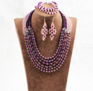 Splendid 6 Layers Purple Pink Crystal Beads African Wedding Jewelry Set (Necklace With Mathced Bracelet And Earrings)