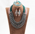 Splendid 6 Layers Pink Green Crystal Beads African Wedding Jewelry Set (Necklace With Mathced Bracelet And Earrings)