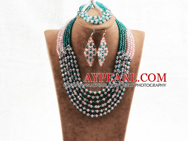 Splendid 6 Layers Pink Green Crystal Beads African Wedding Jewelry Set (Necklace With Mathced Bracelet And Earrings)