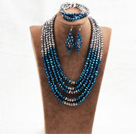 Marvelous 5 Layers Blue Gray Crystal Beads African Wedding Jewelry Set (Necklace With Mathced Bracelet And Earrings)