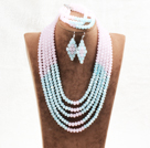 Marvelous 5 Layers Cute Pink Blue Crystal Beads African Wedding Jewelry Set (Necklace With Mathced Bracelet And Earrings)