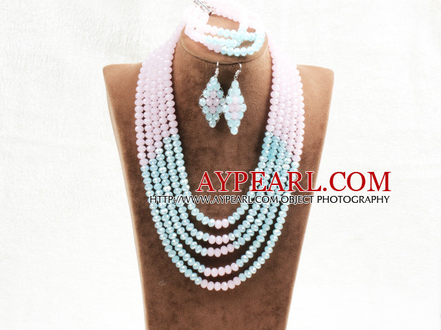 Marvelous 5 Layers Cute Pink Blue Crystal Beads African Wedding Jewelry Set (Necklace With Mathced Bracelet And Earrings)