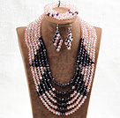 Fabulous 6 Layers Pink & Purple Crystal Beads Costume African Wedding Jewelry Set (Necklace With Mathced Bracelet And Earrings)