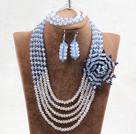 Captivating 5 Layers White & Blue Crystal Beads Flower Charm Costume African Wedding Jewelry Set (Flower Can Be Removed as Brooch)