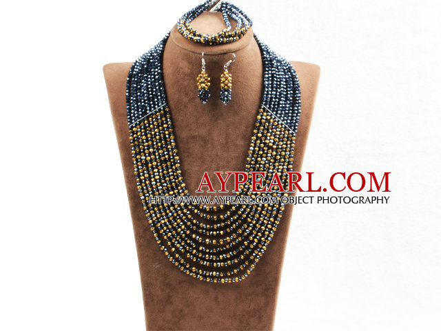 Fabulous 10 Layers Black & Brown Costume African Wedding Jewelry Set (Necklace,Bracelet & Earrings)