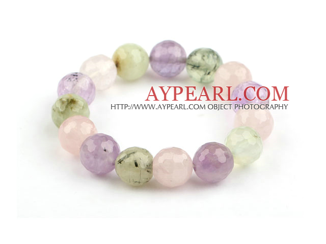 Assorted 12mm Faceted Round Rose Quartz and Amethyst and Prehnite Beaded Stretch Bangle Bracelet