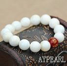 10mm White Sea Shell Beaded Stretch Bangle Bracelet with Six Characters of Magic Charms Carnelian Beads