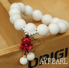 12mm Round White Sea Shell Stretch Bangle Bracelet with Coral Lotus and Sterling Silver Accessories