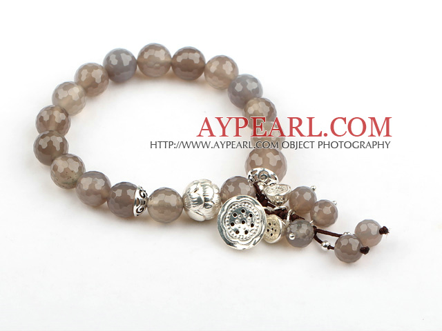 8mm Faceted Gray Agate Stretch Bangle Bracelet with Sterling Silver Lotus Accessories