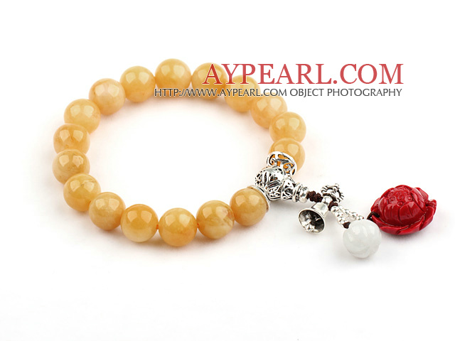 10mm Yellow Jade Stretch Bangle Bracelet with Pumpkin Shape Jade and Coral Lotus and Sterling Silver Accessories