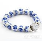 12mm Round Blue and White Porcelain Beaded Stretch Bangle Bracelet with Clear Crystal and Sterling Silver Accessories