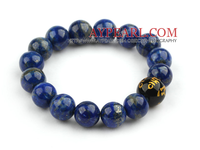 12mm Round Lapis Beaded Stretch Bangle Bracelet with Buddhist Mantra Prayer Black Agate Beads for Meditation