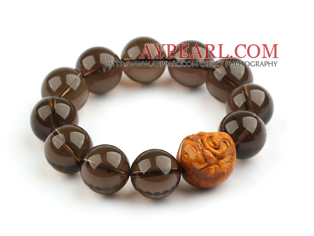 16mm Natural Smoky Quartz Beaded Stretch Bangle Bracelet with Leugh Buddha