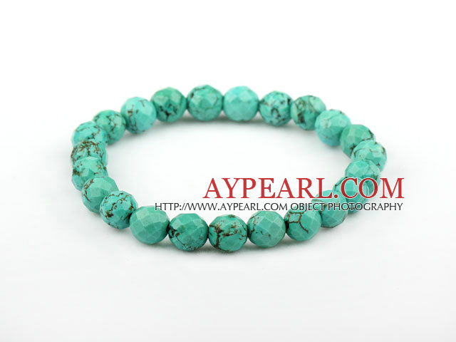 8mm Faceted Natural Turquoise Beaded Elastic Bangle Bracelet