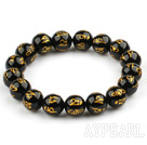 12mm Black Agate with Buddhist Mantra Prayer Beads for Meditation Stretch Bangle Bracelet