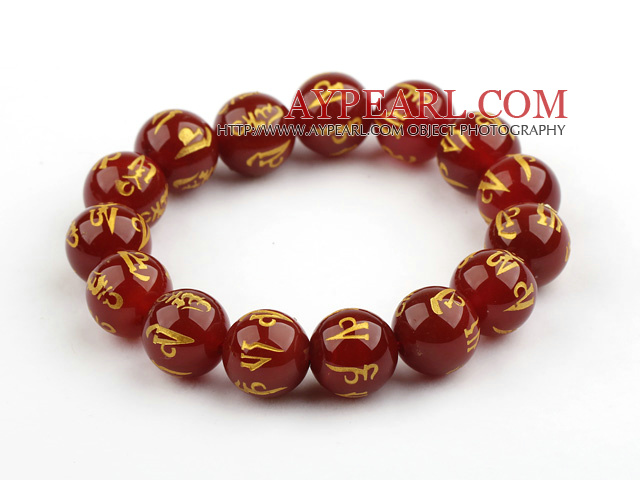 14mm Red Carnelian Stretch Bracelet with Buddhist Mantra Prayer Beads for Meditation