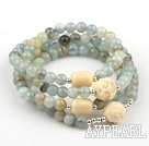 10mm Flower Aquamarine Beaded Stretch Bracelet with Corozo Nut Buddha's Head( Can Also Be Worn As Necklace )