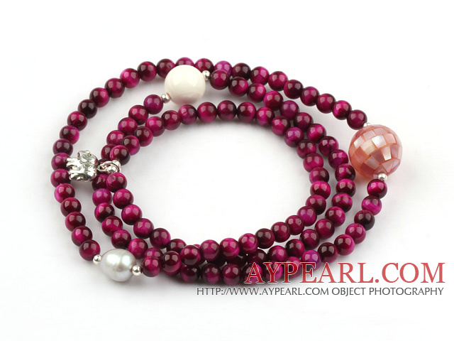 Purple Red Tiger Eye Beaded Stretch Bracelet with White Sea Shell and Pearl and Shell and Sterling Silver Elephant Accessory ( Can also be Necklace )