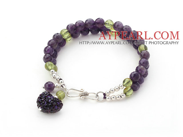 Two Rows Faceted Amethyst and Olivine Braclet with Silver Beads and Clasp