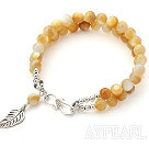 Wholesale Two Rows Golden Color Mother of Pearl Bracelet with Silver Leaf Shape Accessory and Clasp