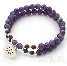 Wholesale Two Rows Round Faceted Amethyst and Garnet Stretch Bangle Bracelet with Silver Lotus Seedpod Accessory