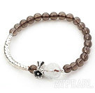 Wholesale Natural Smoky Quartz and Clear Crystal Lotus Stretch Bangle Bracelet with Silver Tube