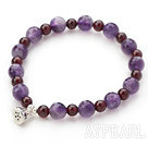 Wholesale Singe Strand Round Garnet and Amethyst Stretch Bangle Bracelet with Silver Lotus Seedpod Accessory
