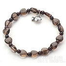 Wholesale Singe Strand Heart Shape Smoky Quartz and Garnet Stretch Bangle Bracelet with Silver Fish Accessory