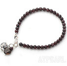 Natural Round Garnet and Smoky Quartz Bracelet with Silver Accessories
