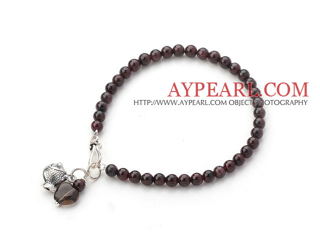 Natural Round Garnet and Smoky Quartz Bracelet with Silver Accessories
