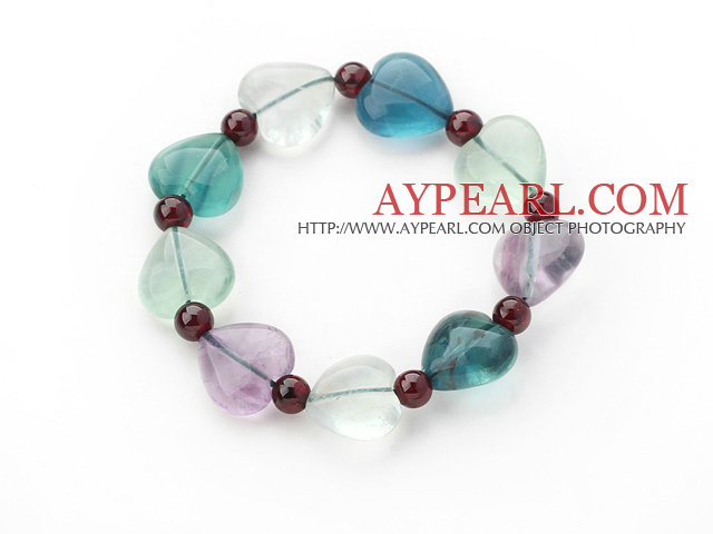 Heart Shape Natural Fluorite and Round Garnet Stretch Bangle Bracelet